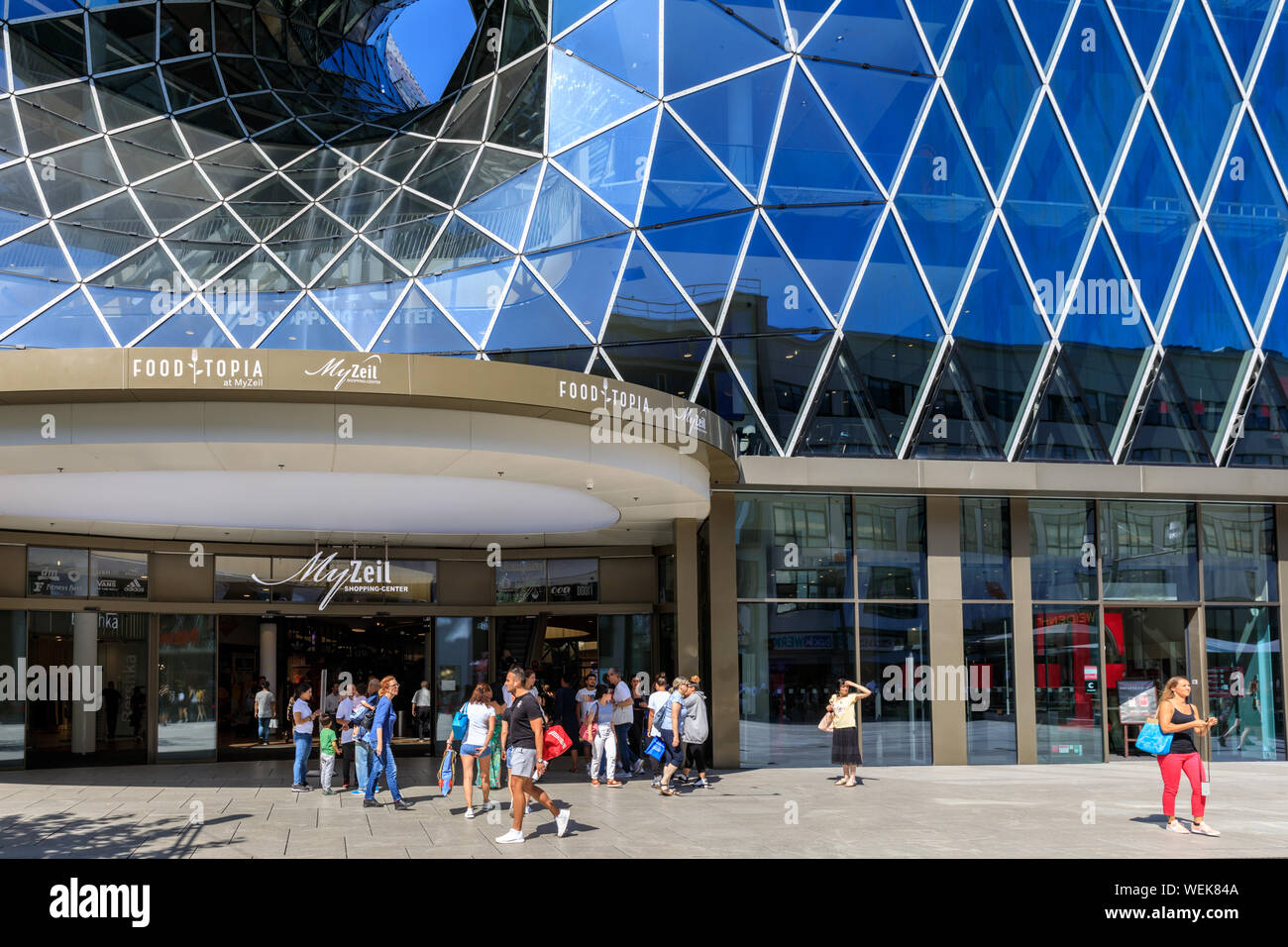 My Zeil shopping centre and mall, exterior facade and people shopping, Frankfurt am Main, Germany Stock Photo