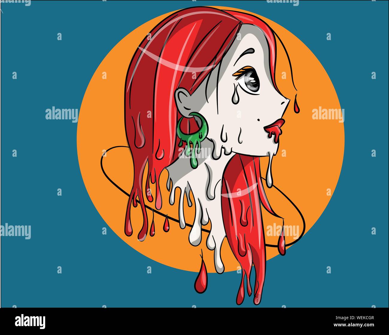 Art and artist melting as one. Illustration of a redhead girl with big green earrings and long hair character. Vector of a young woman summer Stock Vector