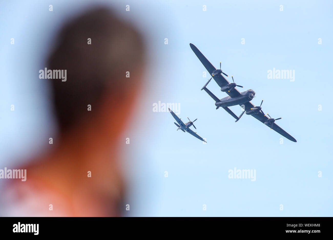 Bournemouth, UK, 30th August 2019. Battle of Britain memorial flight above Bournemouth Beach at this years Bournemouth Air Festival. Credit Stuart Martin/Alamy Live News Stock Photo