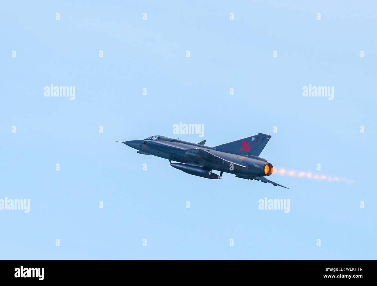 Bournemouth, UK, 30th August 2019. A Saab Draken display above Bournemouth Beach at this years Bournemouth Air Festival. Credit Stuart Martin/Alamy Live News Stock Photo