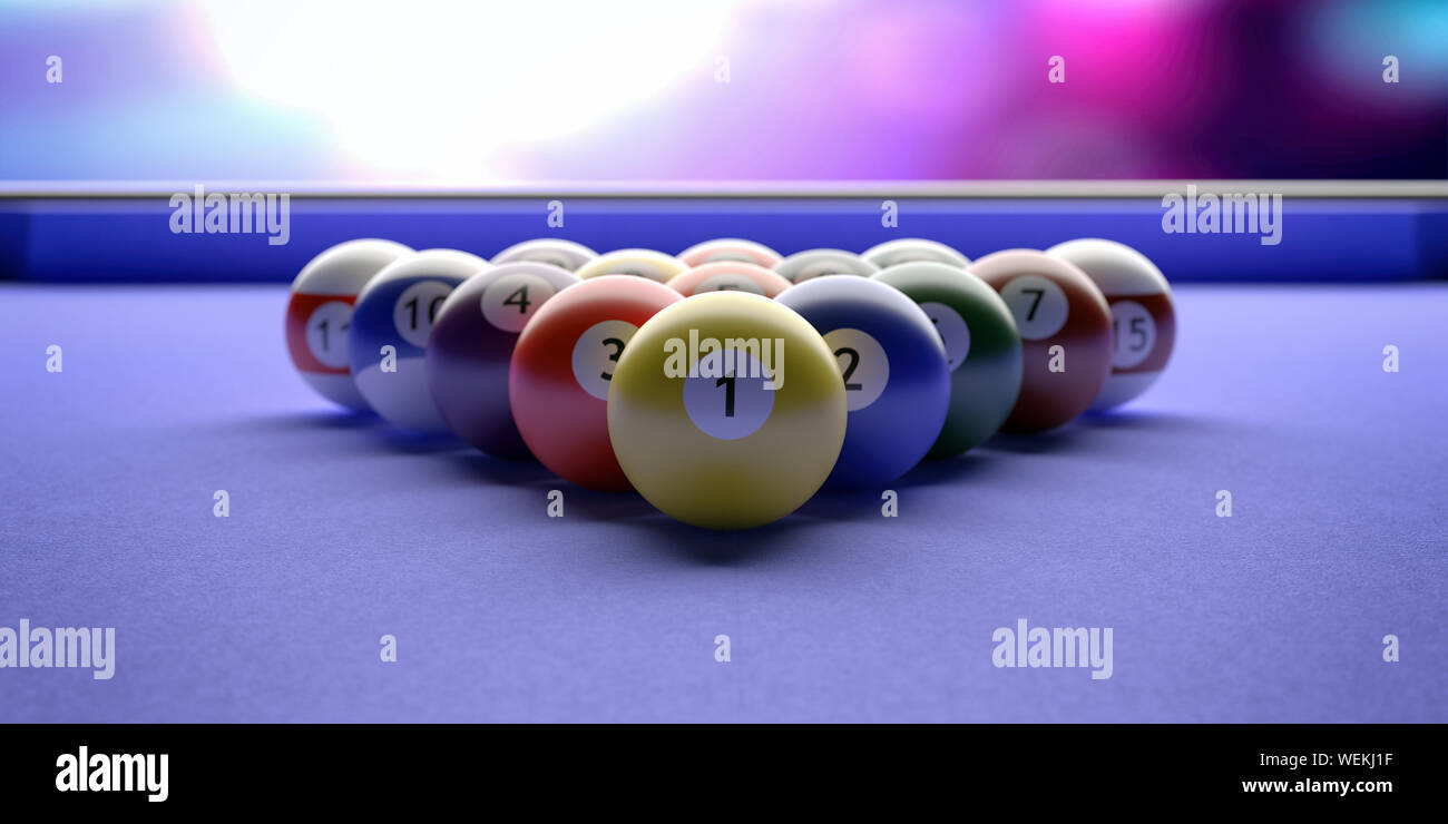 Cue ball, billiard table. Pool balls in a triangle shape, blue color