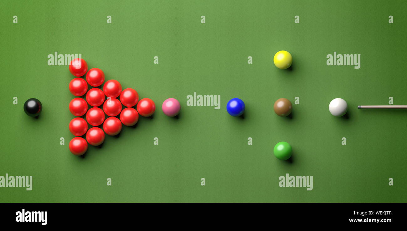 Snooker billiard table, pool balls set in a triangle shape on green felt,  top view. 3d illustration Stock Photo - Alamy