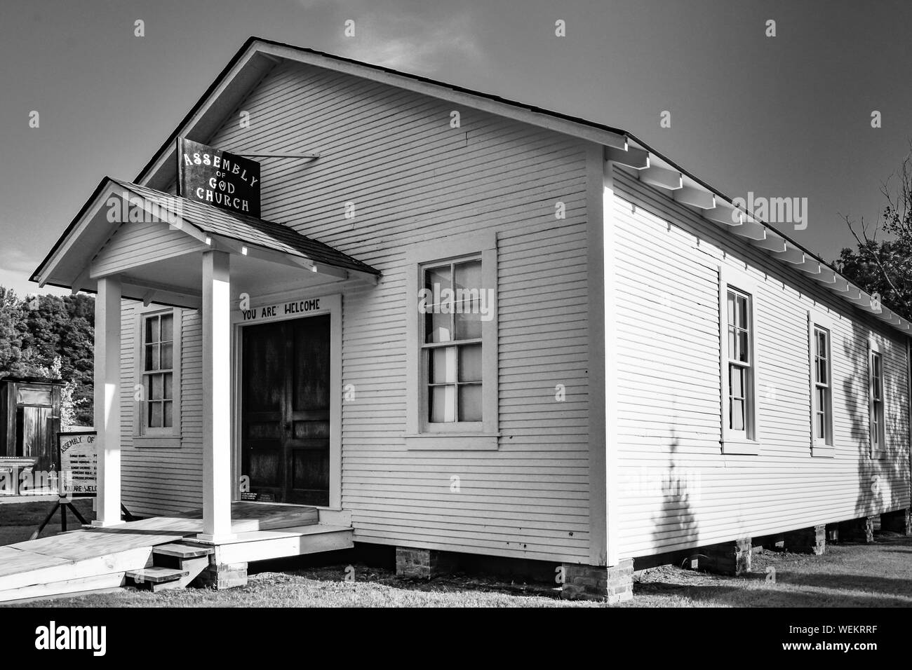 Entrance to the Assembly of God Church, attended by Elvis as a child, was  relocated to the Elvis Presley birthplace museum grounds in Tupelo, MS, in Stock Photo