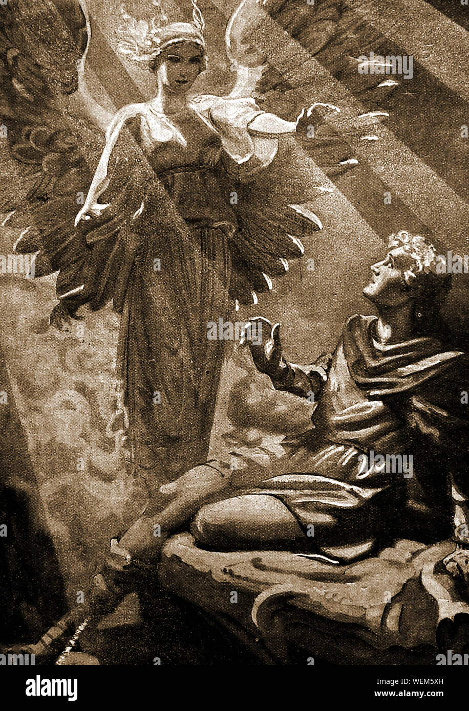 A 1930 illustration of an angel appearing to Caedmon - circa AD 657–684 (styled the father of English Sacred Song) in a dream  at Whitby  Abbey (then known as Streonæshalch) , Yorkshire, England Stock Photo