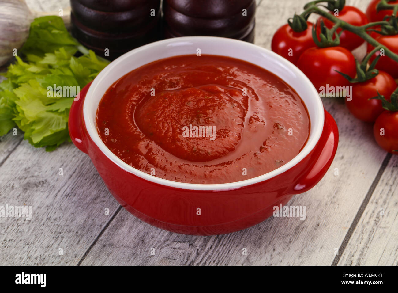Mediterranean Tomato soup with basil and spices Stock Photo Alamy