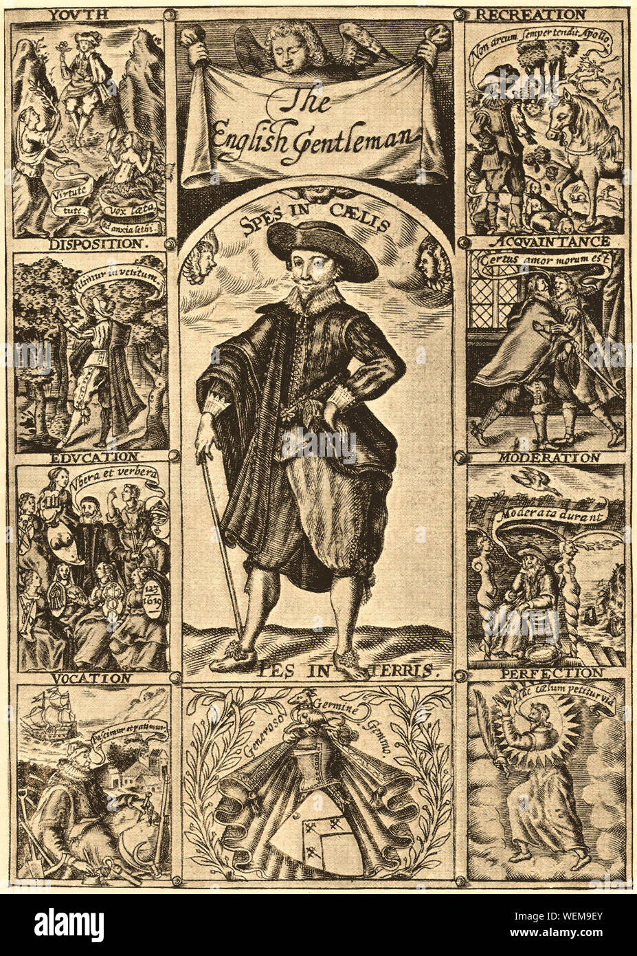 A typical aristocrat or English Gentleman at the time of King James 1st of England, Scotland and Ireland  (Great Britain) 1567 - 1625 and his attributes and qualities - From an old print (The motto spes in caelis - pes in terris,  translates as as hope in heaven, feet on earth Stock Photo