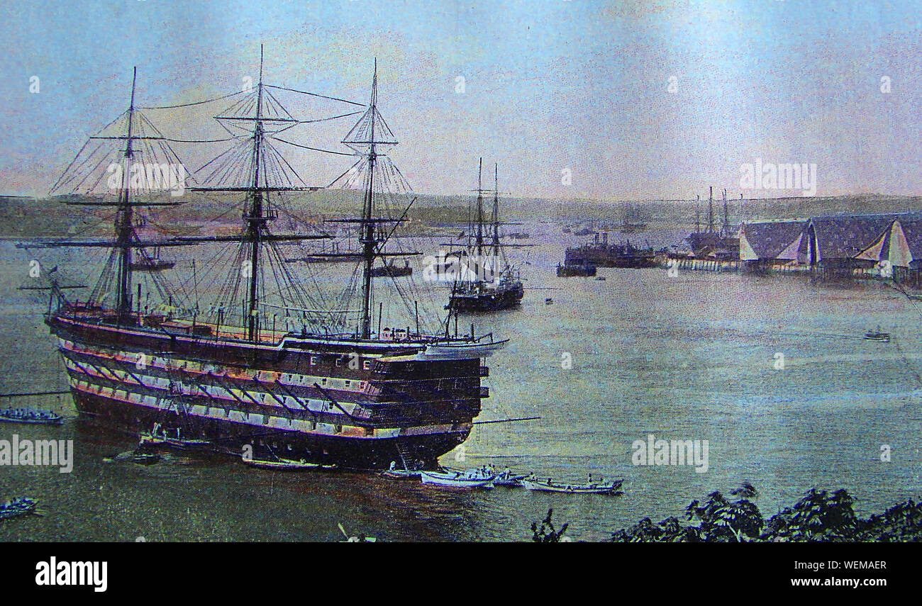 An early  hand-coloured photograph of a wooden sailing ship moored at the Hamoaze,an estuarine stretch of the tidal River Tamar, between its confluence with the River Lynher and Plymouth Sound, Stock Photo