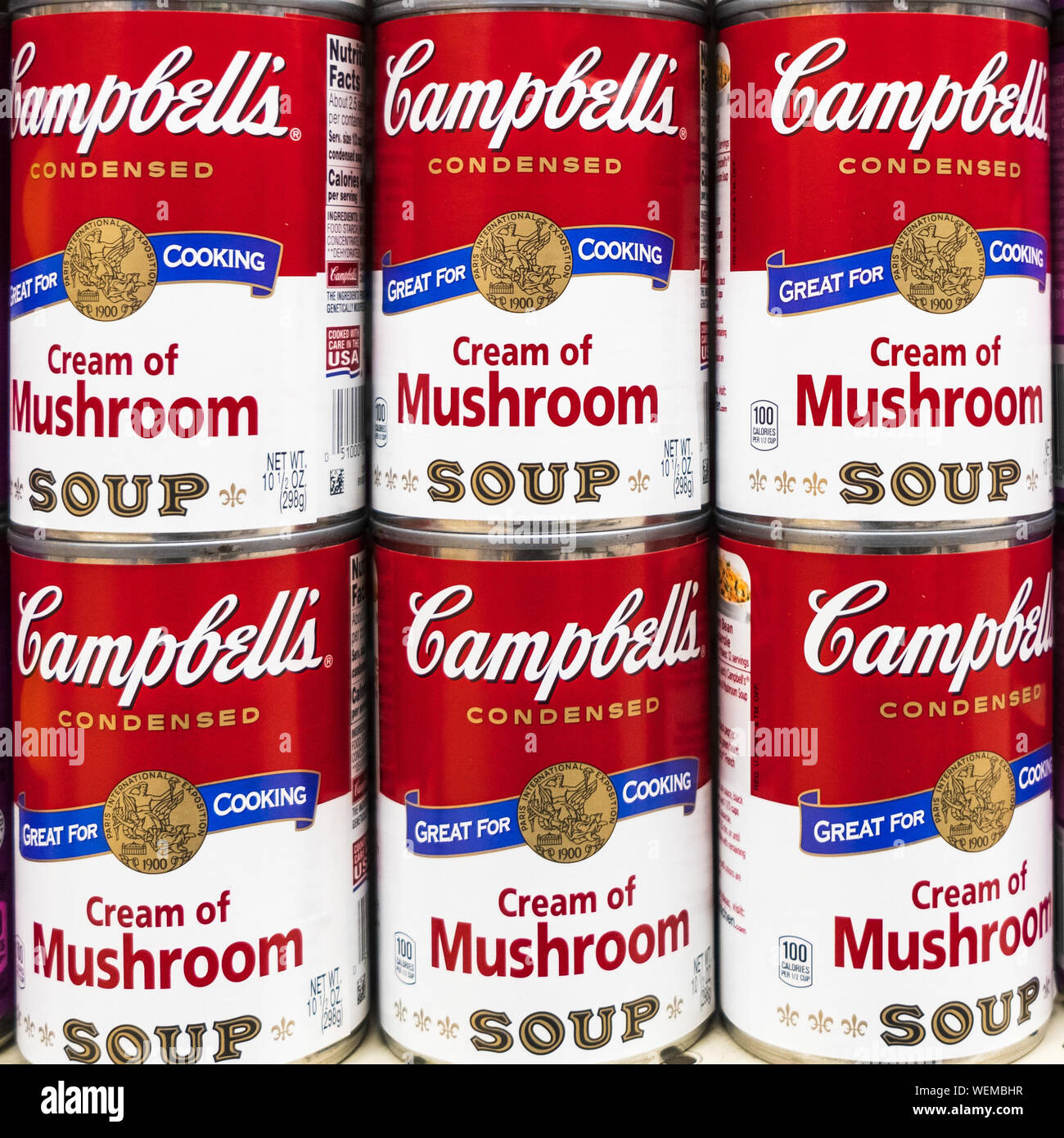 August 29, 2019 Sunnyvale / CA / USA -Close up of tin cans of Campbell’s mushroom soup for sale in a supermarket; Campbell's Soup Company was founded Stock Photo