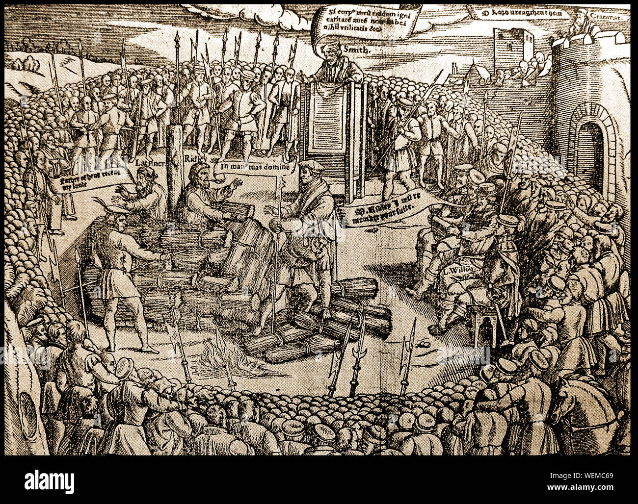 The execution by burning of  Hugh Latimer and  Nicholas Ridley at  what is now memorialBroad Street, Oxford, UK (October 16th, 1555) from Foxe's Book of Martyrs 1563 Stock Photo