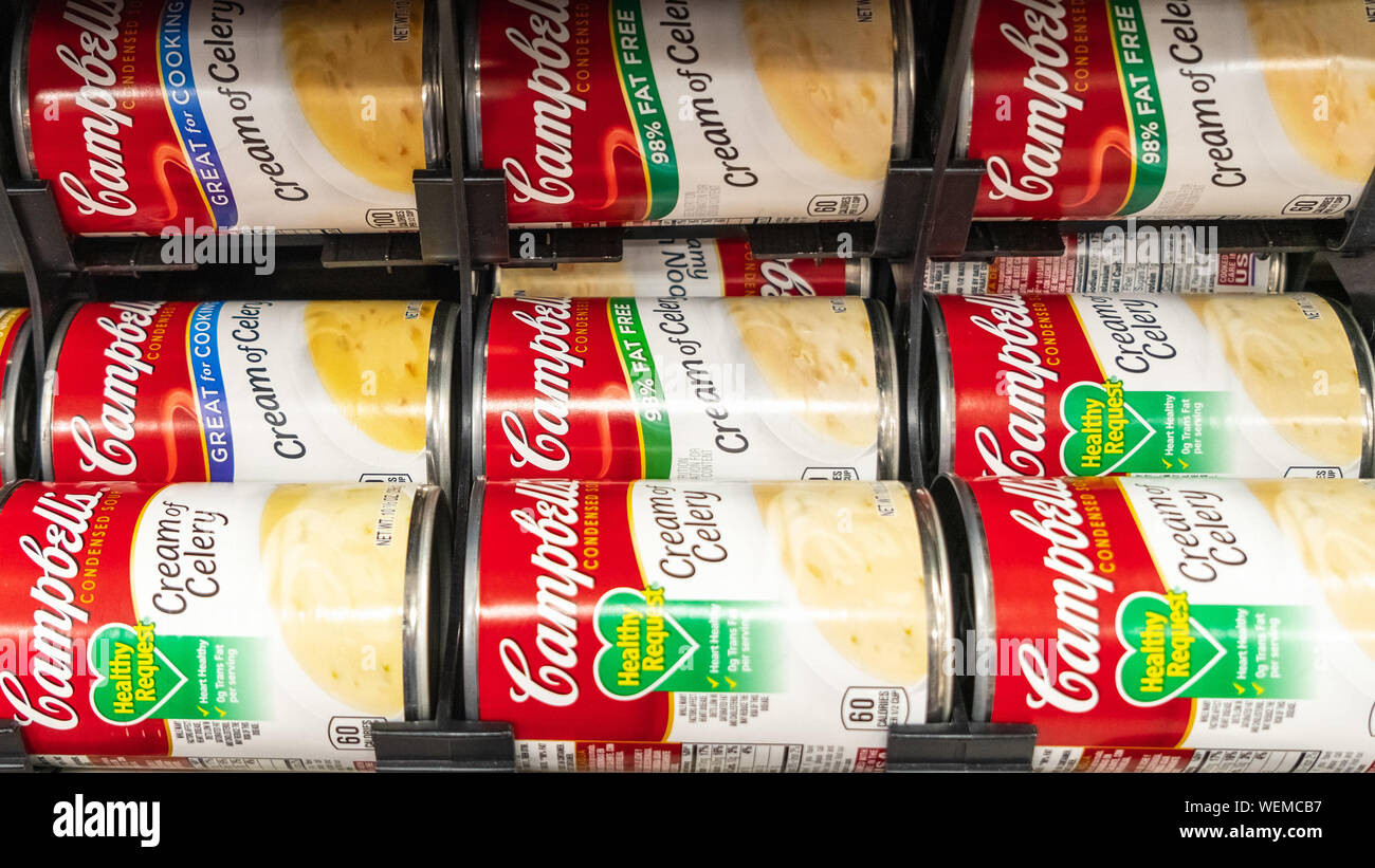 August 29, 2019 Sunnyvale / CA / USA -Close up of tin cans of Campbell’s soup for sale in a supermarket; Campbell's Soup Company was founded in 1869 a Stock Photo