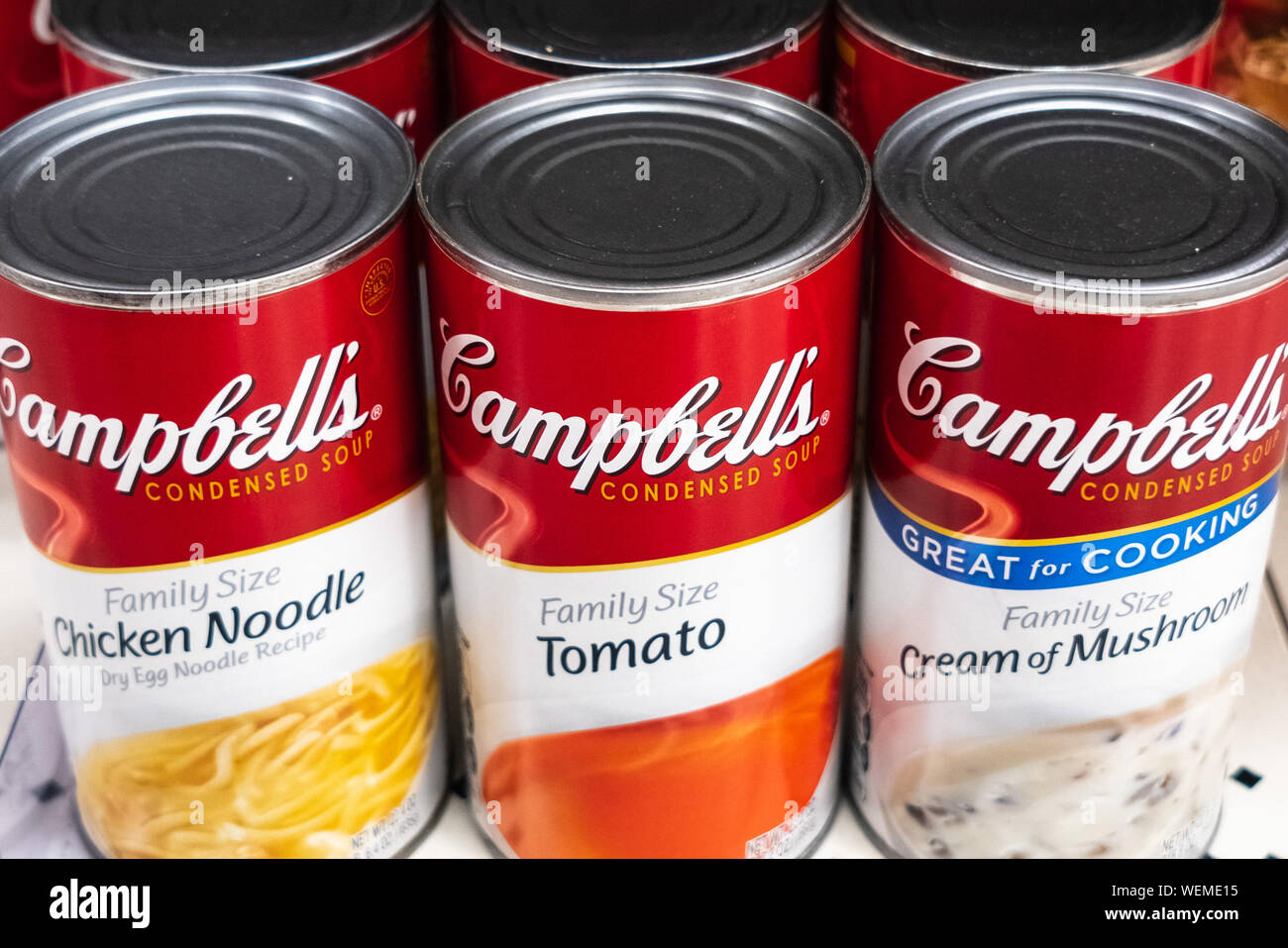 August 29, 2019 Sunnyvale / CA / USA - Various Campbell's Soup Family size cans on display in a supermarket; Campbell's Soup Company was founded in 18 Stock Photo