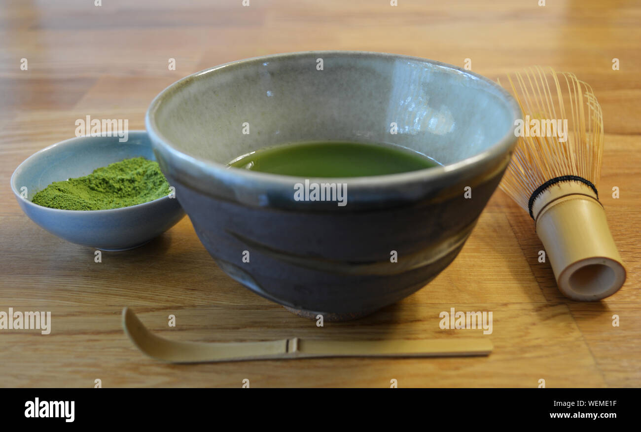 Japanese Matcha Green Tea, Handmade Matcha Bowl, and Accessories Stock Photo