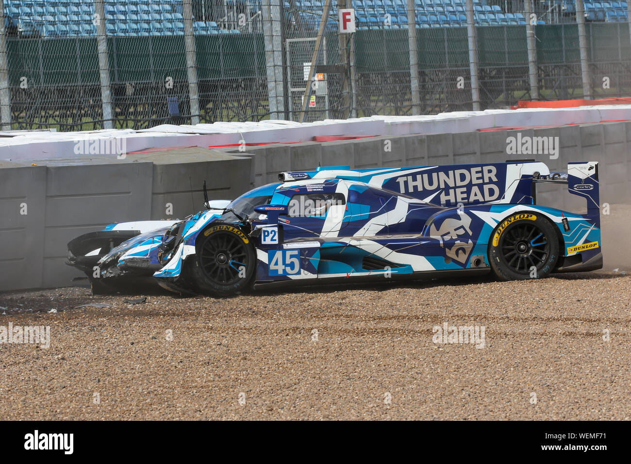 The #45 Carlin Dallara P217-Gibson of Jack Manchester, Harry Tincknell and Ben Barnicoat crashes during practice for the European Le Mans Series at Si Stock Photo