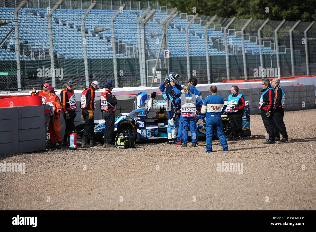 The #45 Carlin Dallara P217-Gibson of Jack Manchester, Harry Tincknell and Ben Barnicoat crashes during practice for the European Le Mans Series at Si Stock Photo