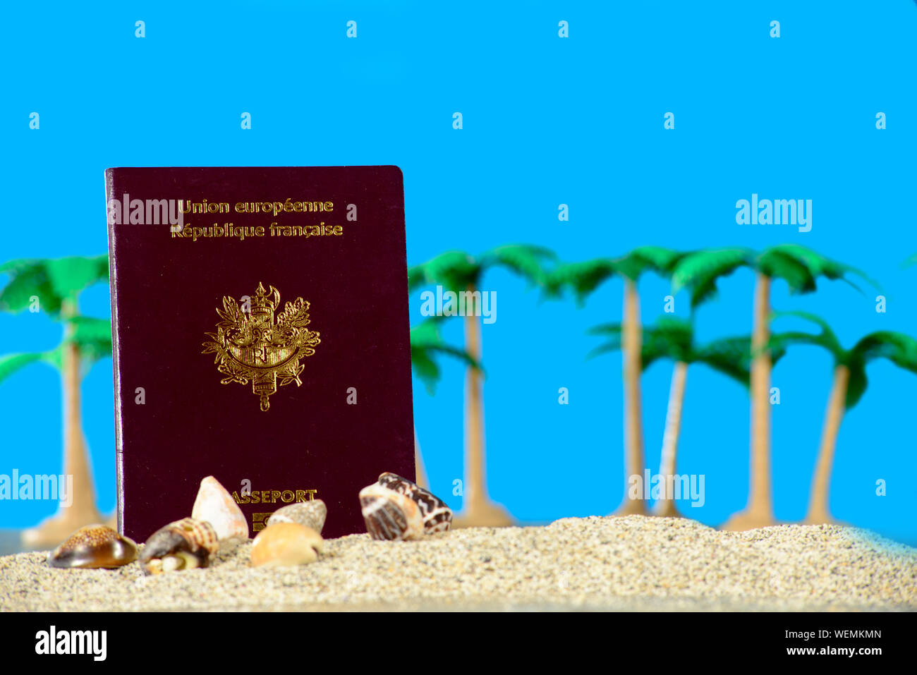 French passport in the sand of a beach with palm trees Stock Photo
