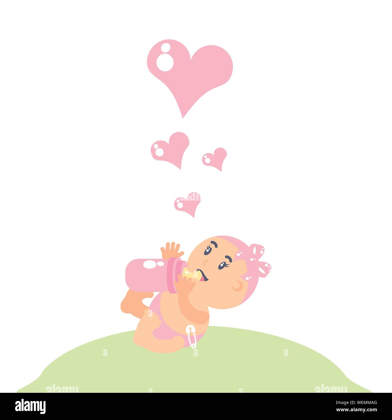 cute baby girl with bottle milk and hearts love vector illustration ...