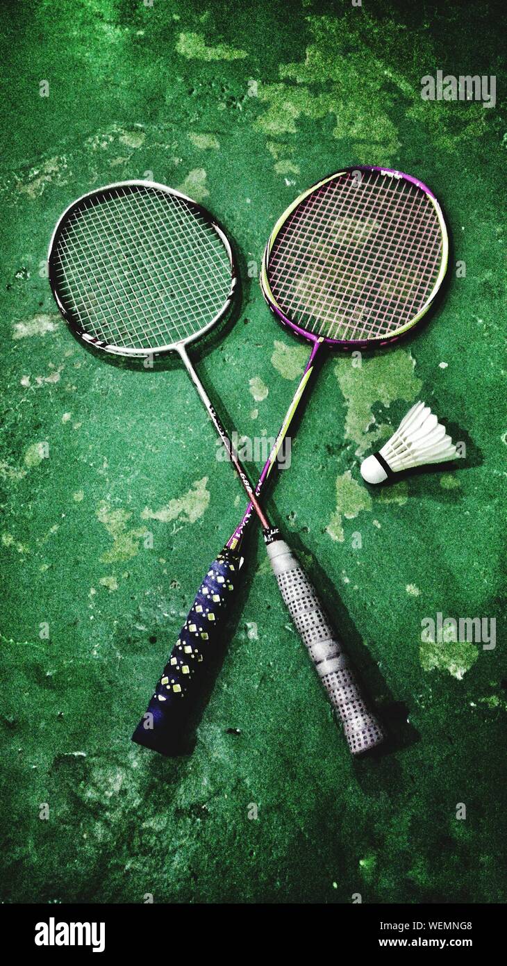 High Angle View Of Badminton Rackets With Shuttlecock Stock Photo - Alamy