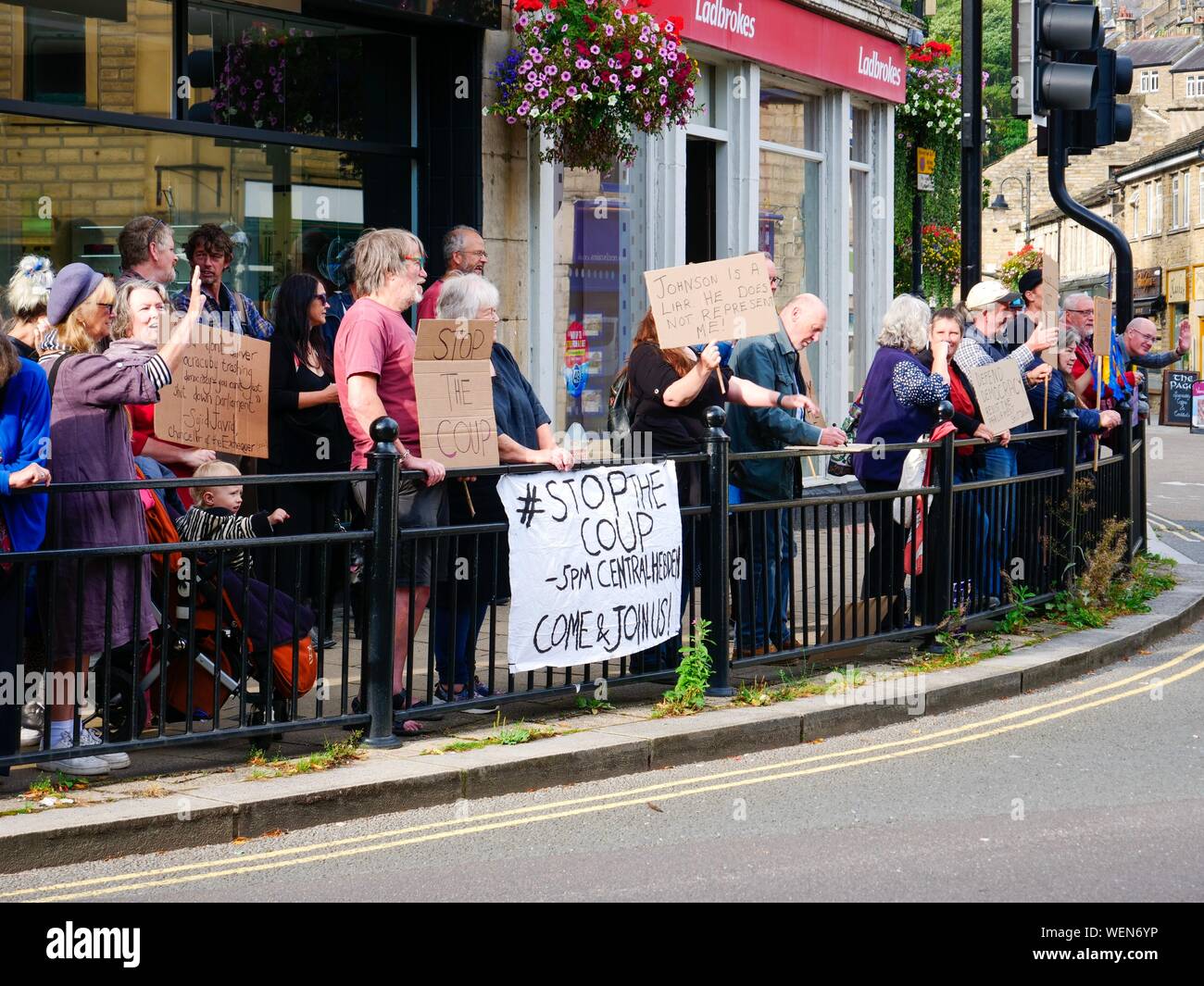 #StopTheCoup anti Boris Johnson & Donald Trump BREXIT protests reaches Hebden Bridge, Yorkshire, UK News Stock Photo