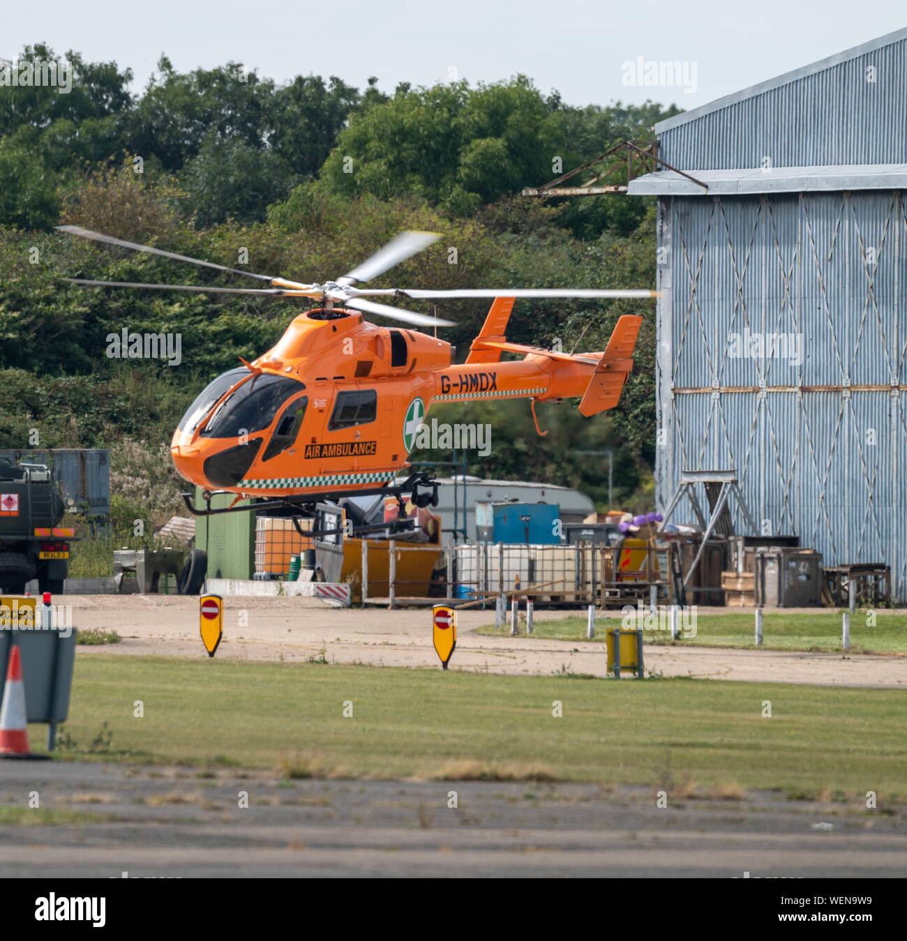 MD-900 Explore Air ambulance takes off from North Weald Airfield Stock Photo