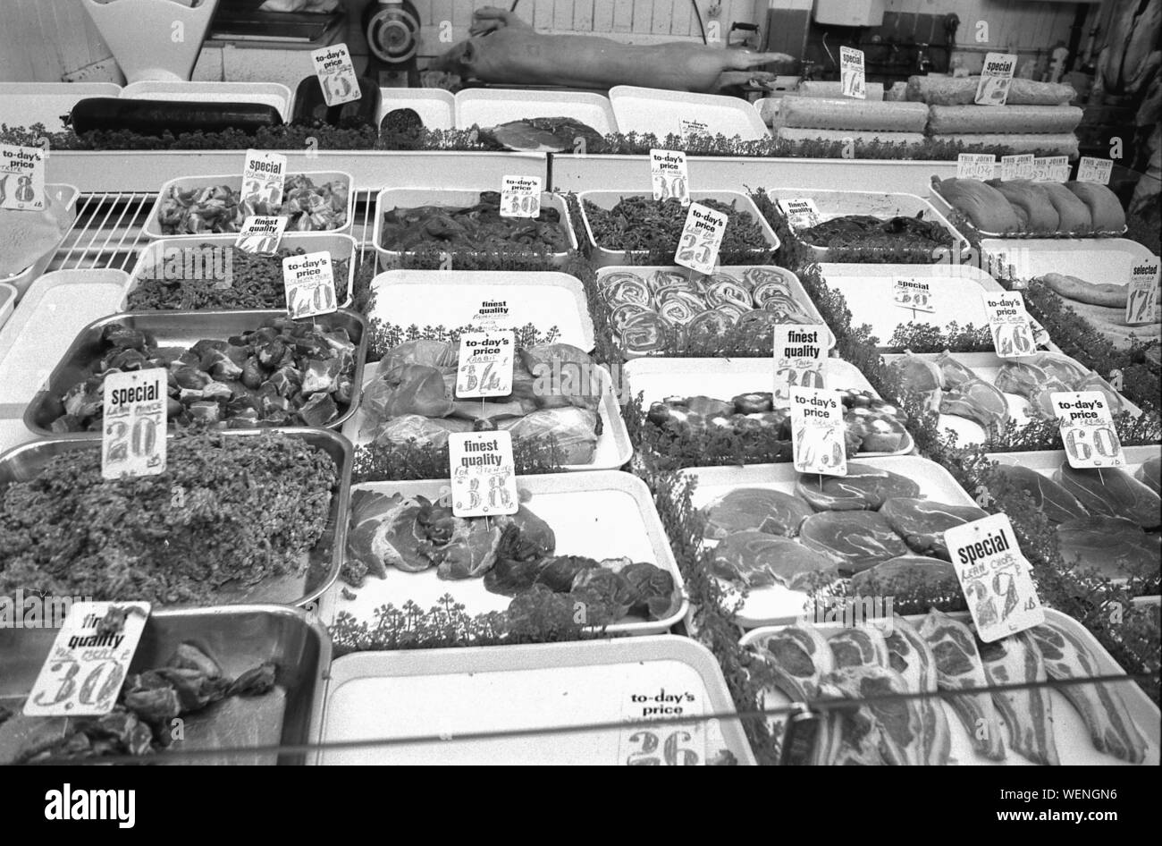 Meat prices, Grainger Market, Newcastle, c.1973 Stock Photo