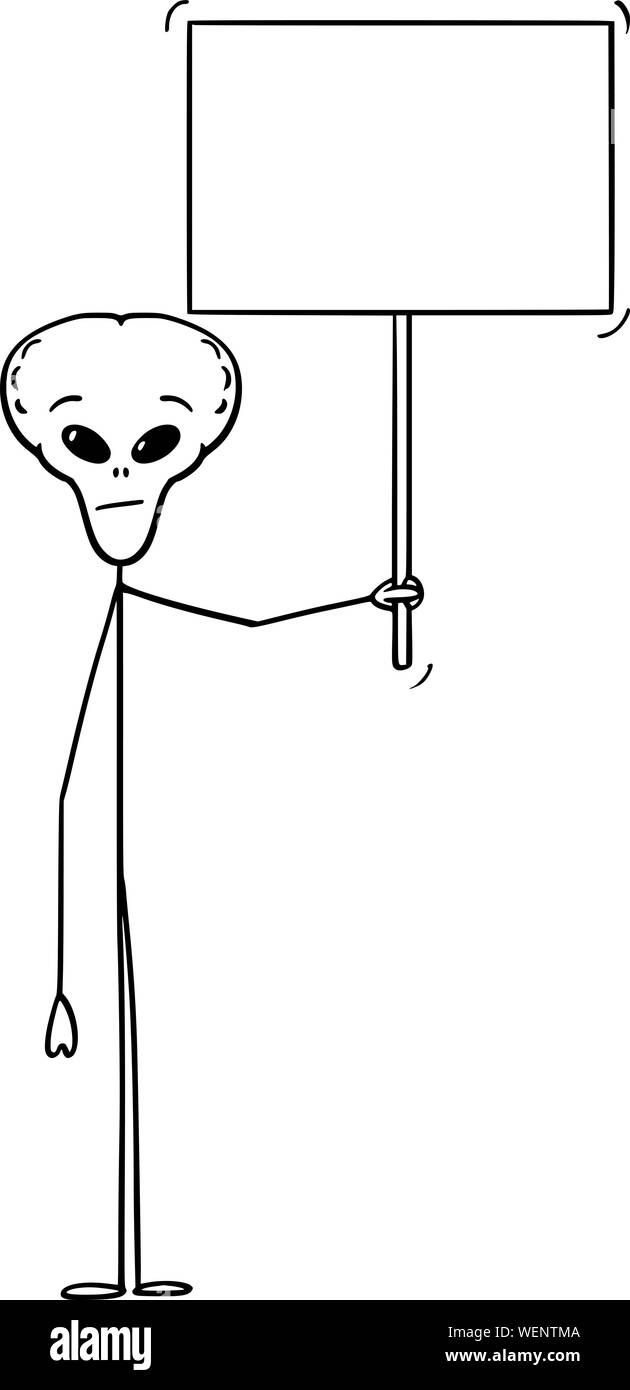 Vector cartoon stick figure drawing conceptual illustration of extraterrestrial alien holding empty sign ready for your text. Stock Vector