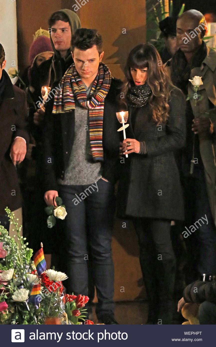 Los Angeles Ca Lea Michele Chris Colfer Chord Overstreet Darren Criss And Other Members Of The Glee Cast Film A Night Time Memorial Scene On Location In Los Angeles The Candle