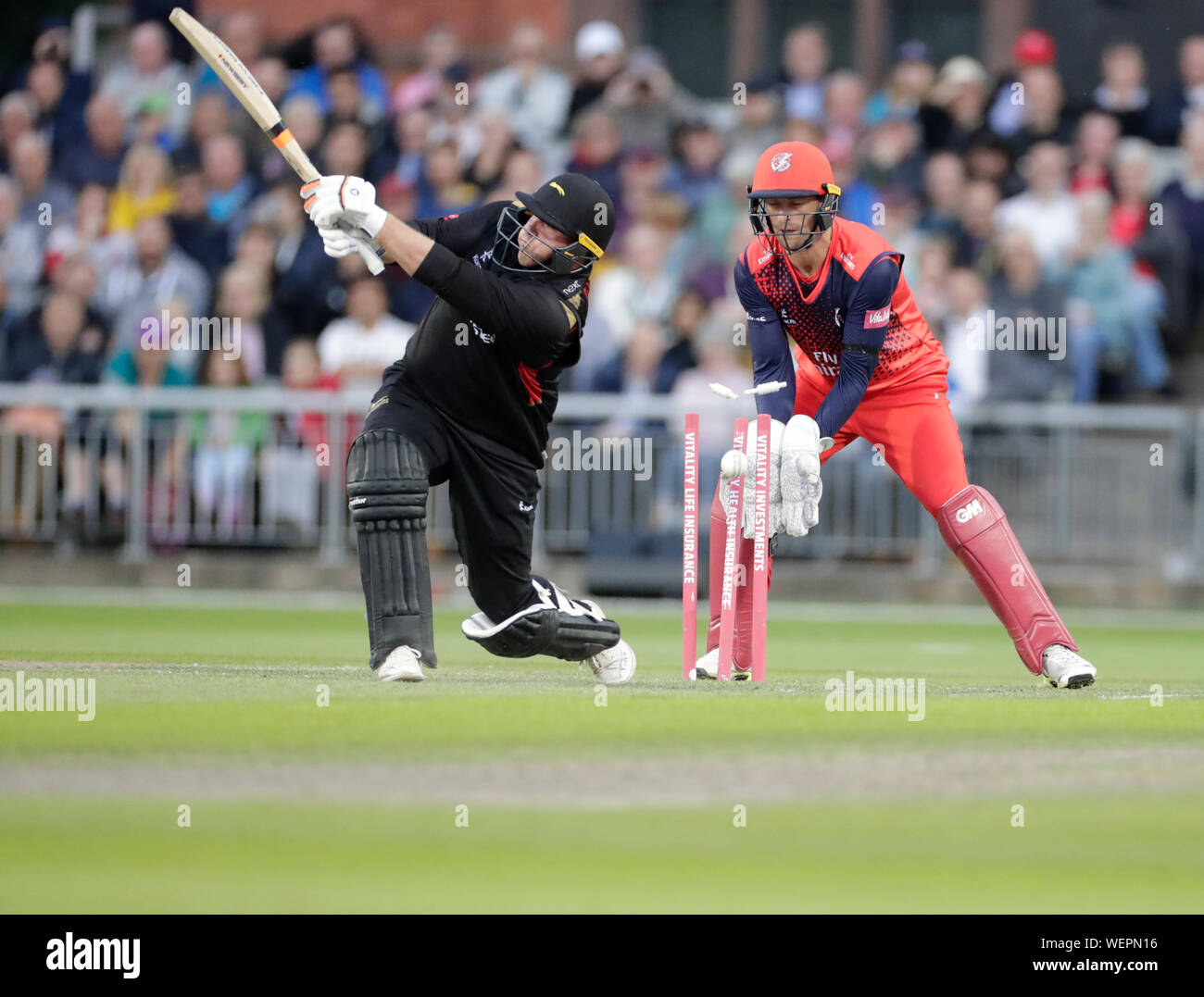 Manchester, UK. 30th August 2019; Emirates Old Trafford, Manchester, England; T20 Vitality Blast, Lancashire Lightning versus Leicestershire Foxes; Mark Cosgrove is bowled for 39 off the bowling of Steven Croft - Editorial Use Only Credit: Action Plus Sports Images/Alamy Live News Stock Photo