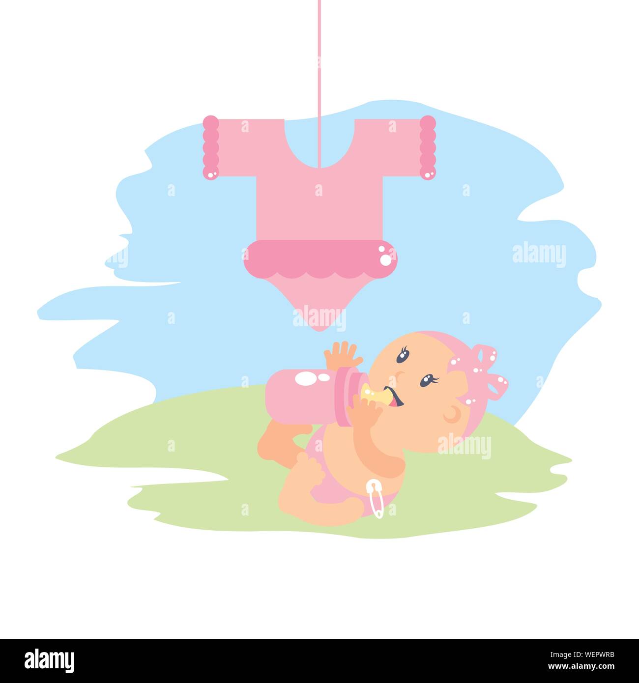 cute baby girl with bottle milk and clothes for baby vector ...