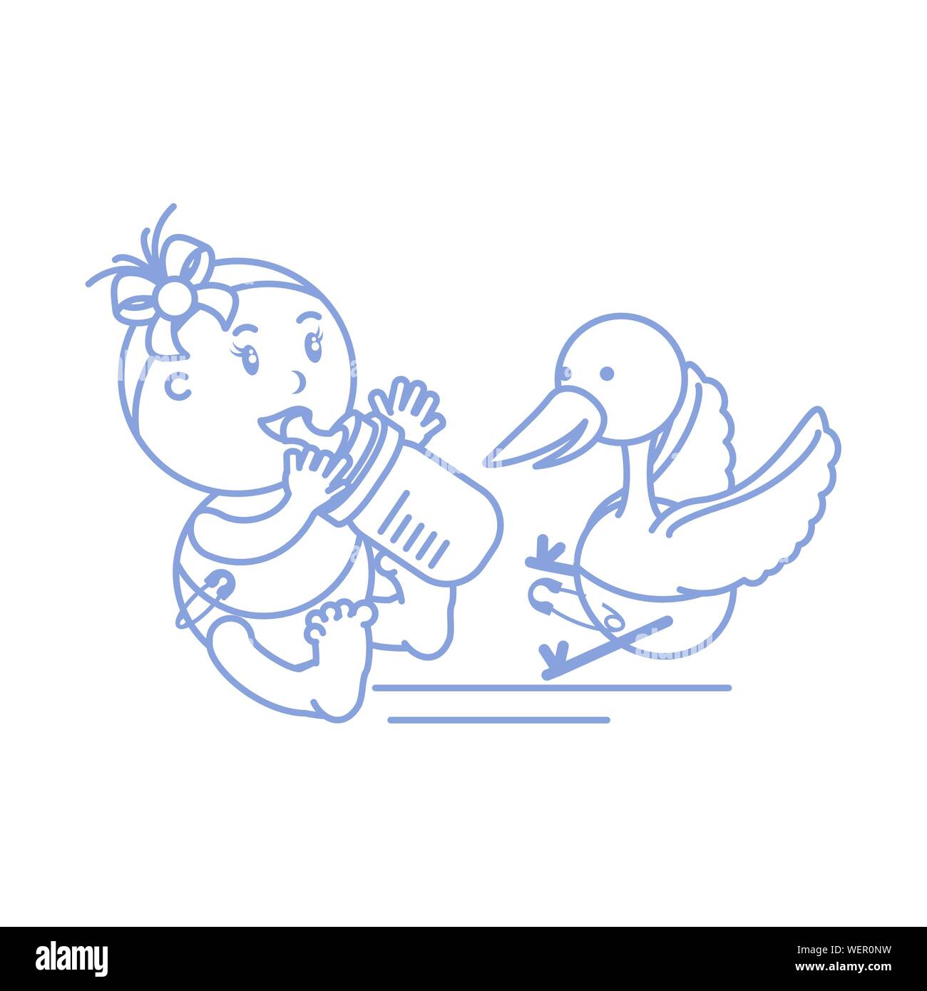 stork and cute baby girl with bottle milk vector illustration design ...