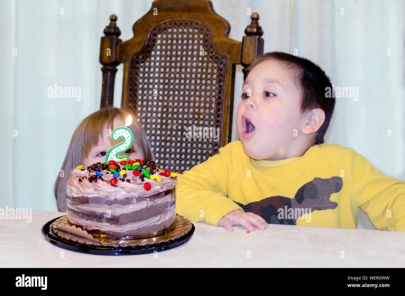 Close-up Of Brother And Sister Looking At Birthday Cake On Table ...