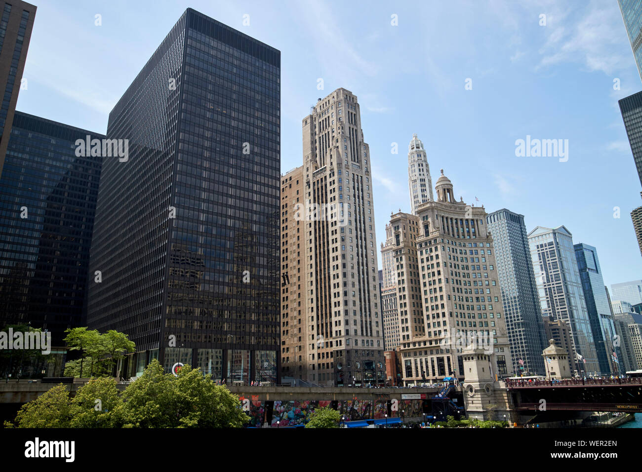 one illinois center home to the chicago architecture center and 333 north michigan tower and other buildings and dusable bridge east side chicago illi Stock Photo