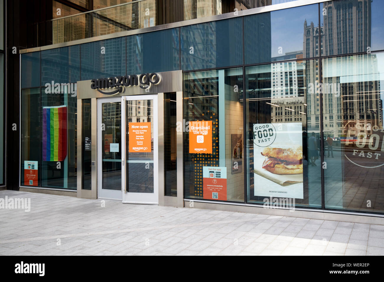 amazon go store with pride flag in the window downtown chicago illinois united states of america Stock Photo