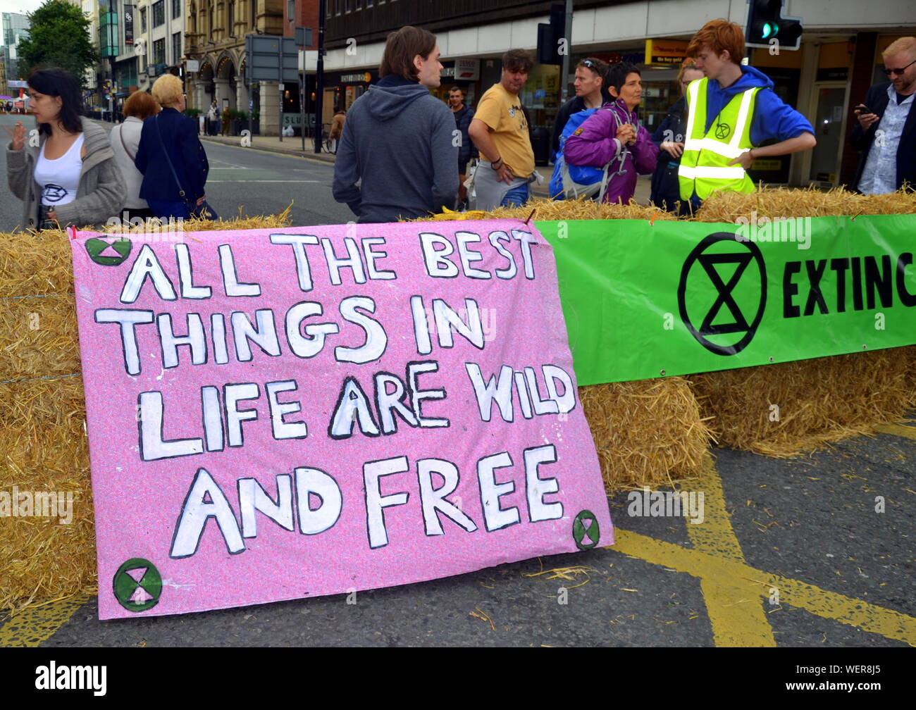 Northern Rebellion protesters, part of the global movement Extinction Rebellion, blocked Deansgate and its side streets in central Manchester, uk, on 30th August, 2019 at the start of a four day protest. The protesters are demanding that the Government tells the truth about the climate emergency, takes action now, and is led by a citizens' assembly on climate change. Stock Photo