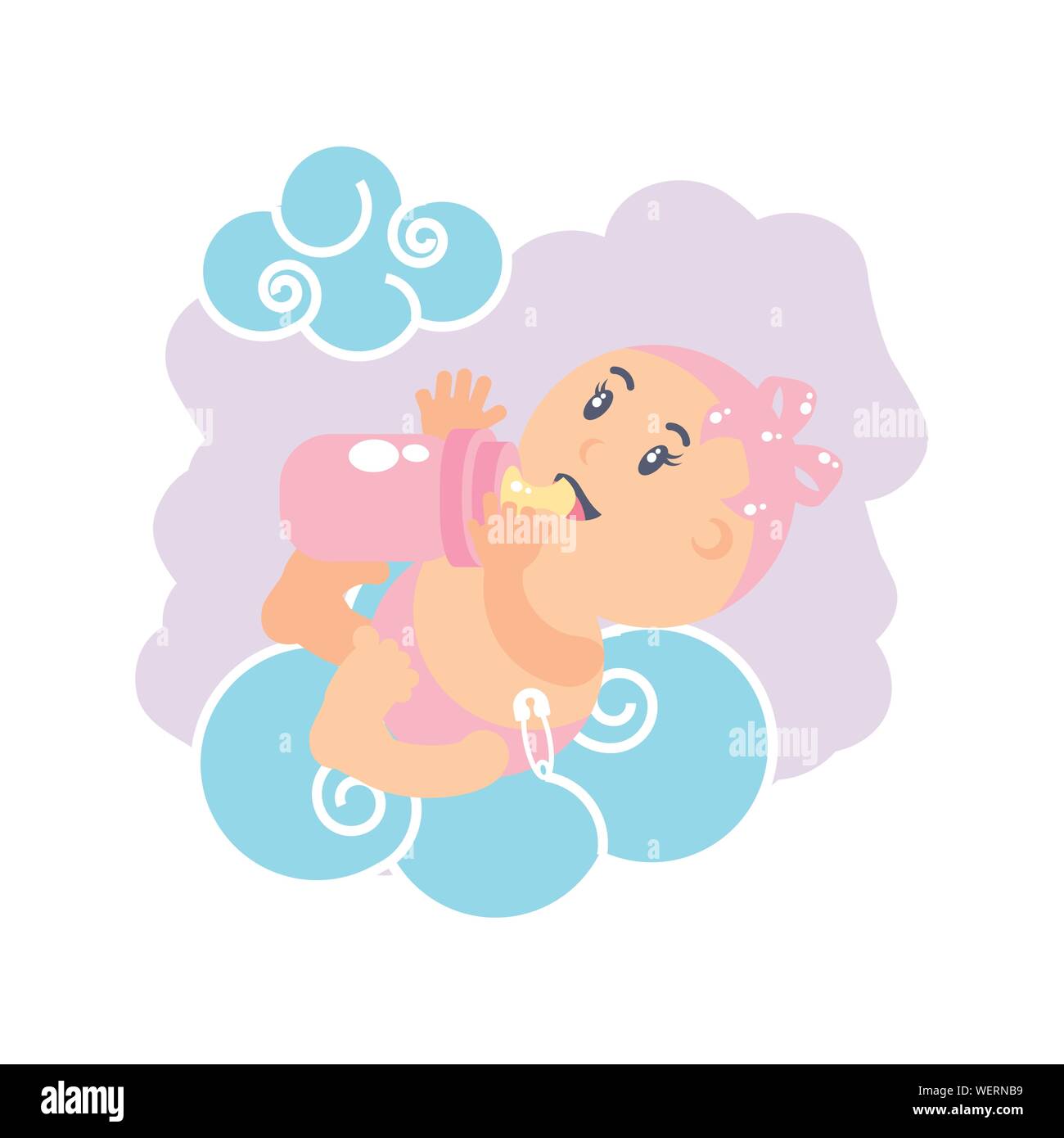 cute baby girl with bottle milk and clouds vector illustration design ...