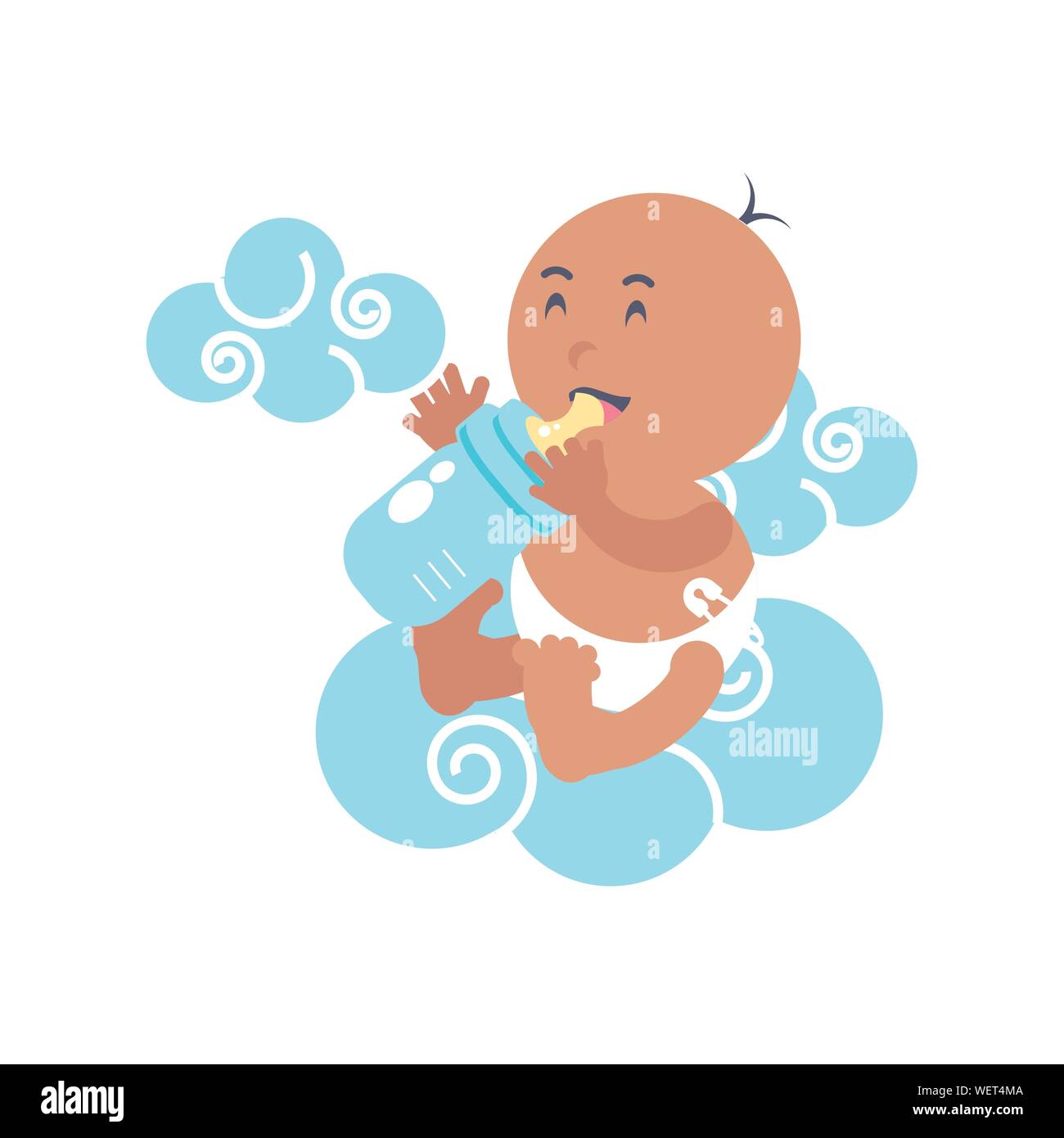 cute baby boy with bottle milk and clouds vector illustration design ...