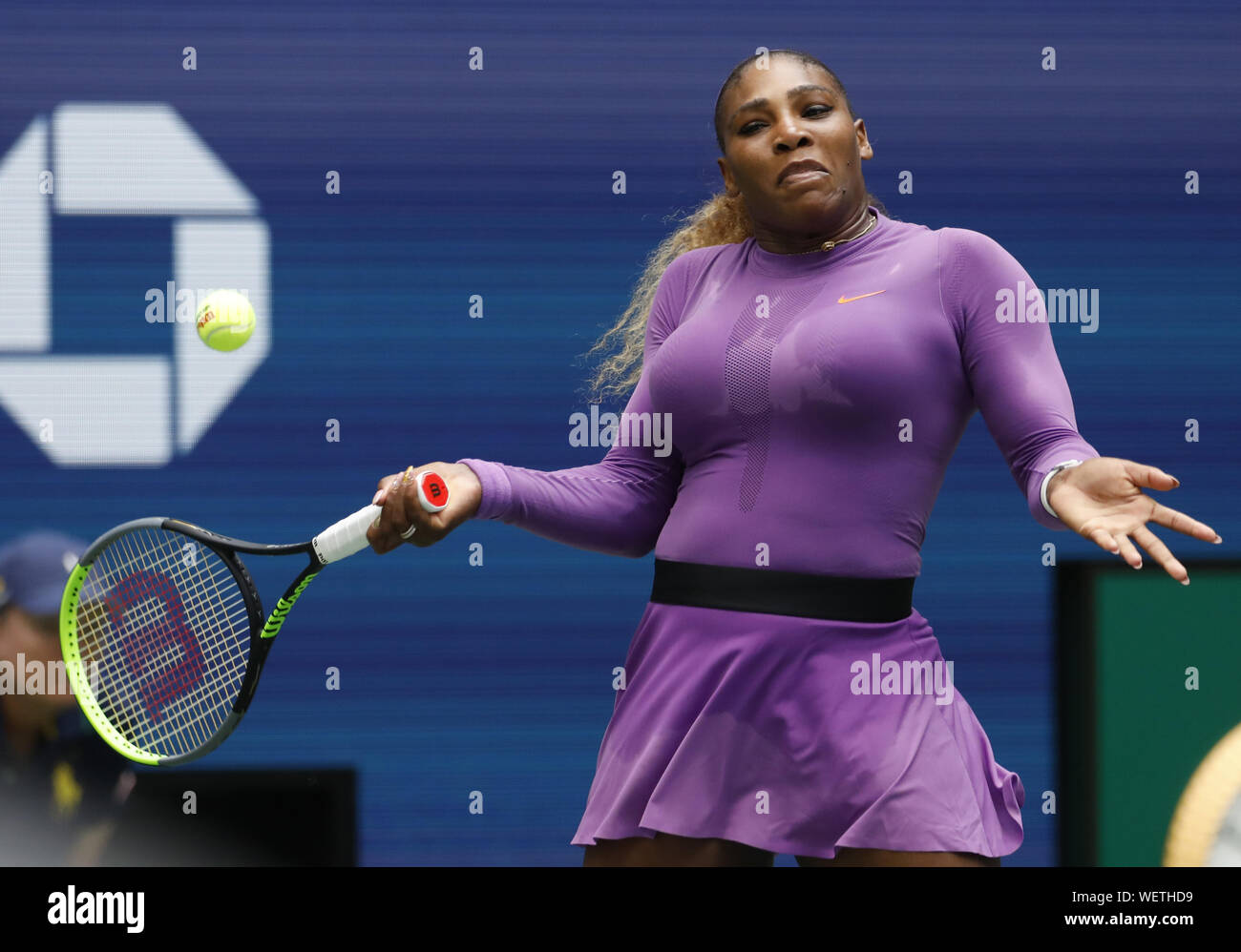 Flushing Meadow, United Stated. 30th Aug, 2019. Serena Williams hits a  forehand before defeating Karolina Muchova Czech Republic in straight sets  in the 3rd round in Arthur Ashe Stadium at the 2019