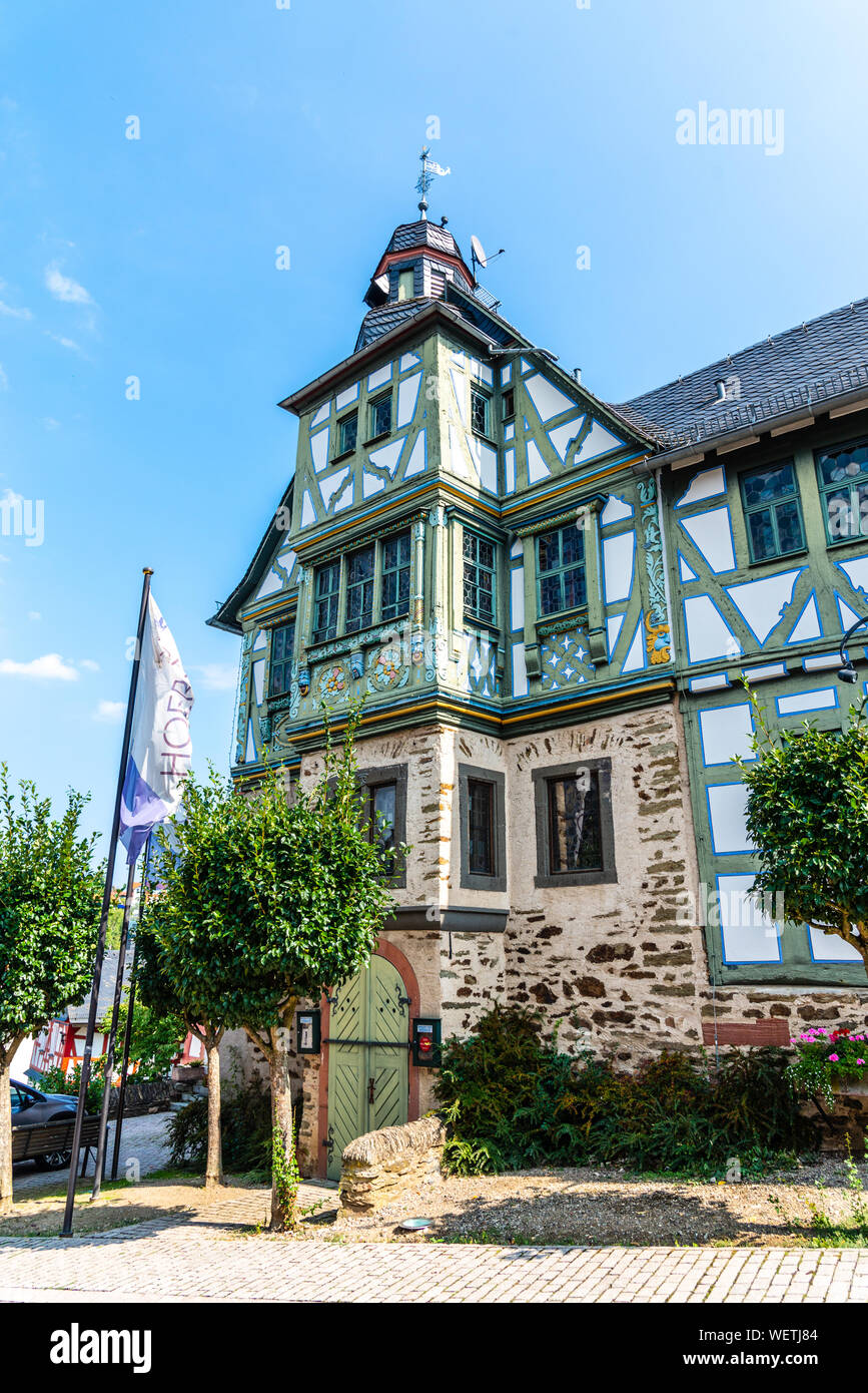 29 August 2019: Colorful Half-timbered (Fachwerkhaus) house in Idstein, Hessen (Hesse), Germany. Nearby Frankfurt am Main, Wiesbaden Stock Photo