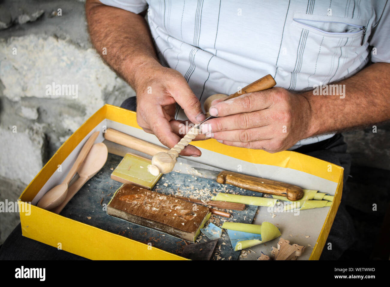 Hands Carving Wood Stock Photo Alamy