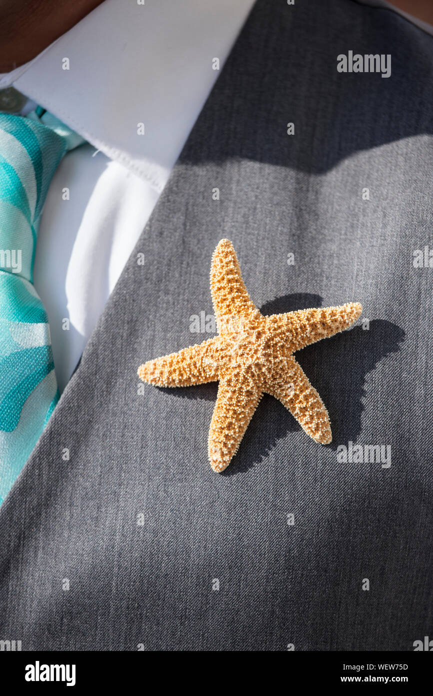 starfish boutonniere on suit for beach wedding Stock Photo