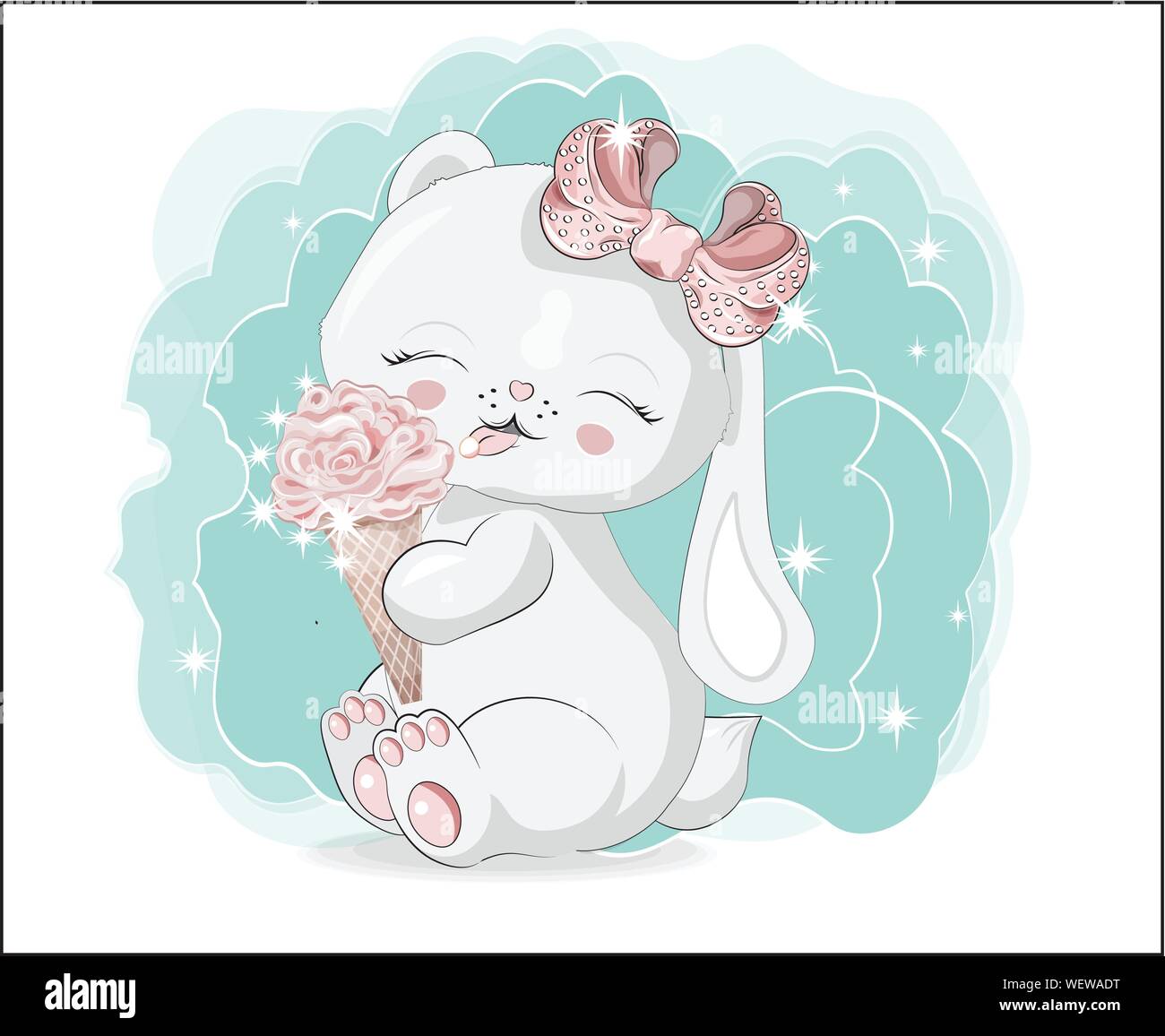 the lovely white honey bunny, rabbit, sits and smile, cat with ice cream.  Can be used for t-shirt print, kids wear fashion design, baby shower invita  Stock Vector Image & Art -
