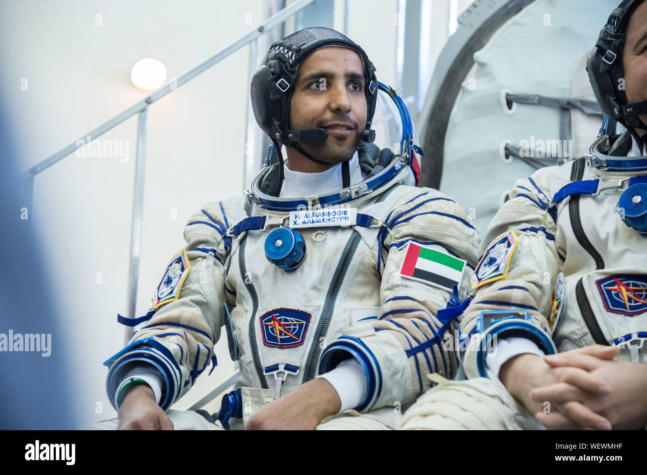 Star City, Russia. 30 August 2019. International Space Station Expedition 61 spaceflight participant Hazzaa Ali Almansoori of the United Arab Emirates in his Sokol space suit during final crew qualification exams at the Gagarin Cosmonaut Training Center August 30, 2019 in Star City, Russia. Expedition 61-62 is expected to launch to the International Space Station on September 25, 2019. Credit: NASA/Planetpix/Alamy Live News Stock Photo