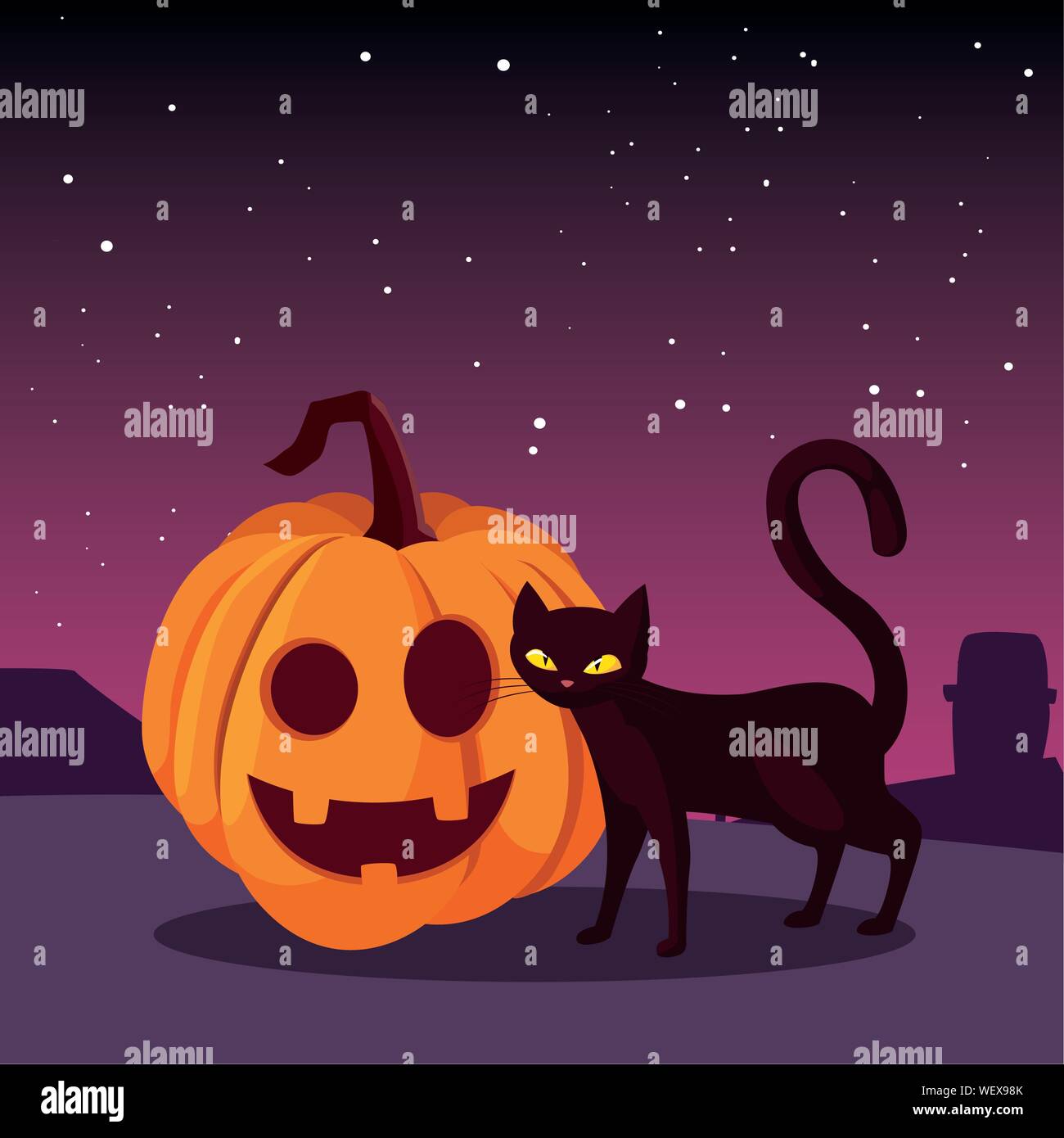 pumpkin cat happy halloween celebration night panorama vector ...