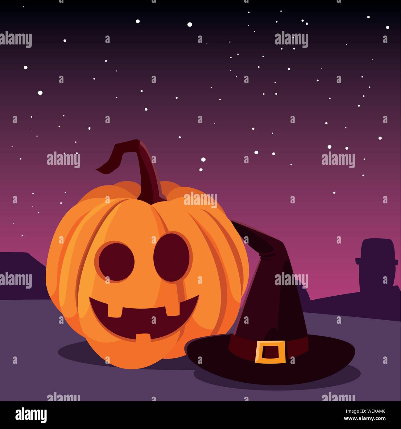 pumpkin witch hat happy halloween night panorama vector illustration ...