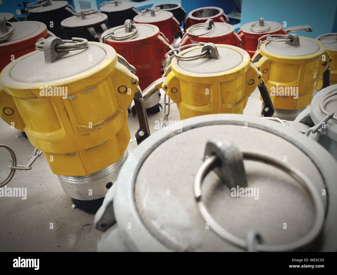 Download High Angle View Of Yellow And Red Machine Parts In Factory Stock Photo Alamy Yellowimages Mockups