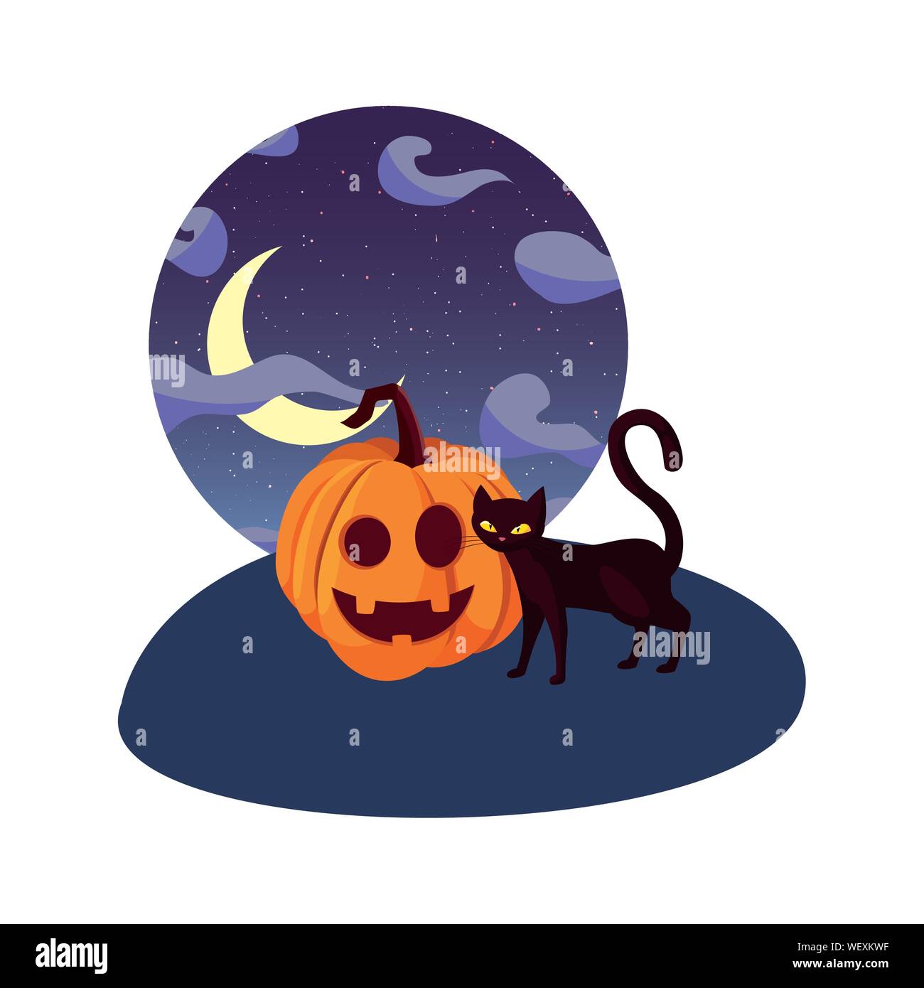 pumpkin cat happy halloween celebration moon night sky vector ...