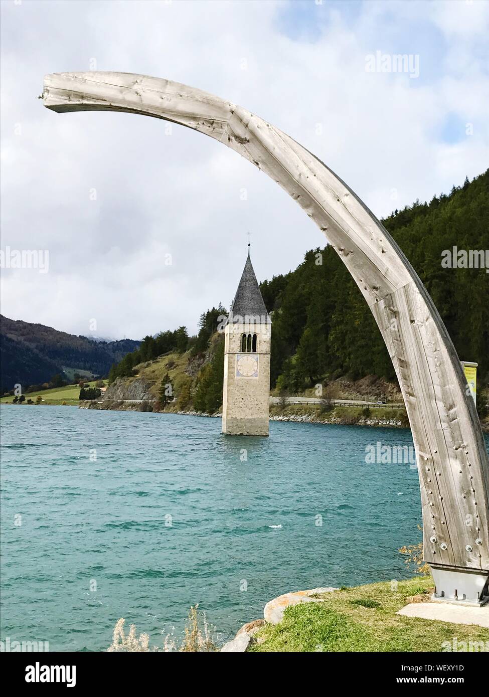 Bell Tower In Lake At Graun Im Vinschgau Stock Photo