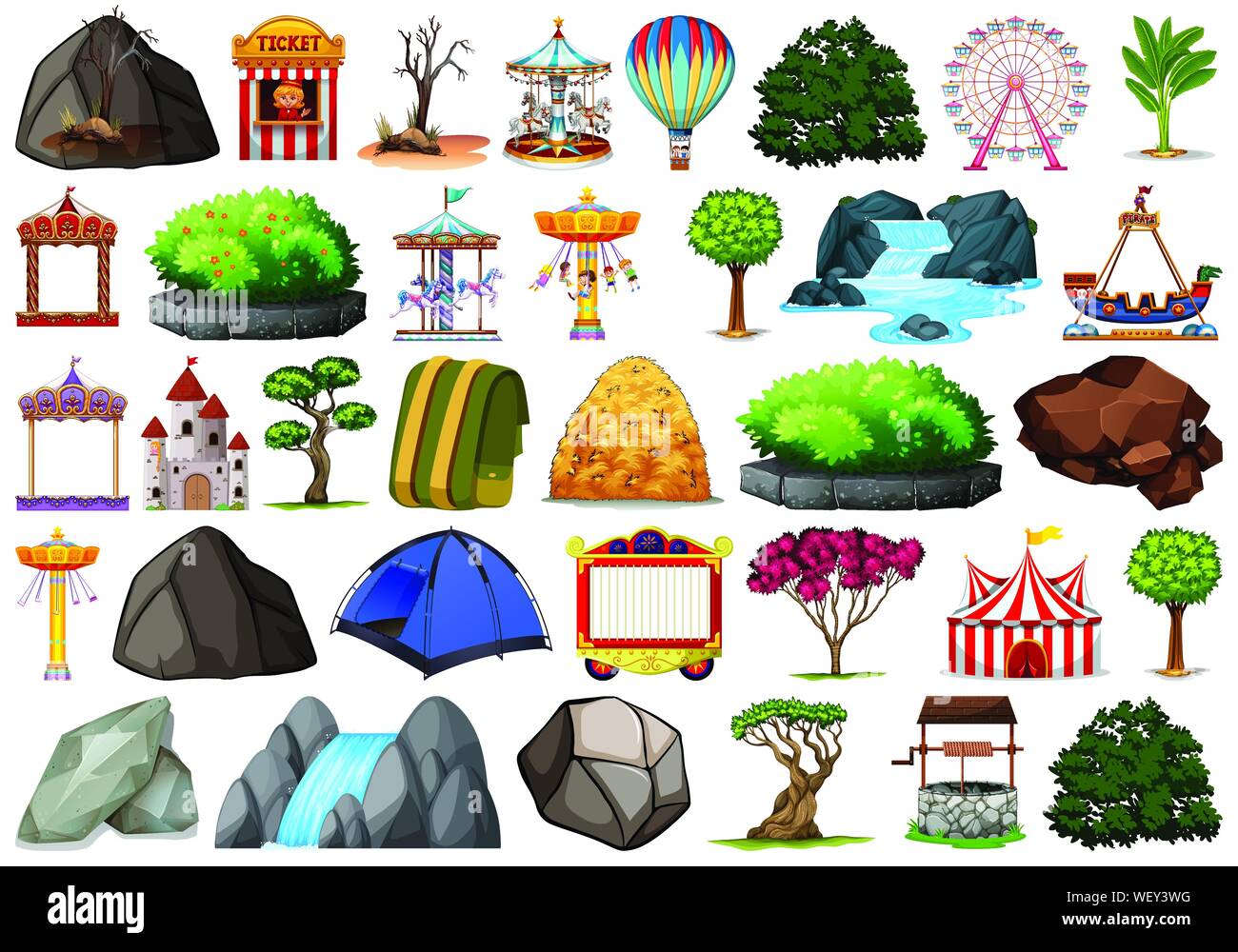 Collection of outdoor nature themed objects and plant elements
