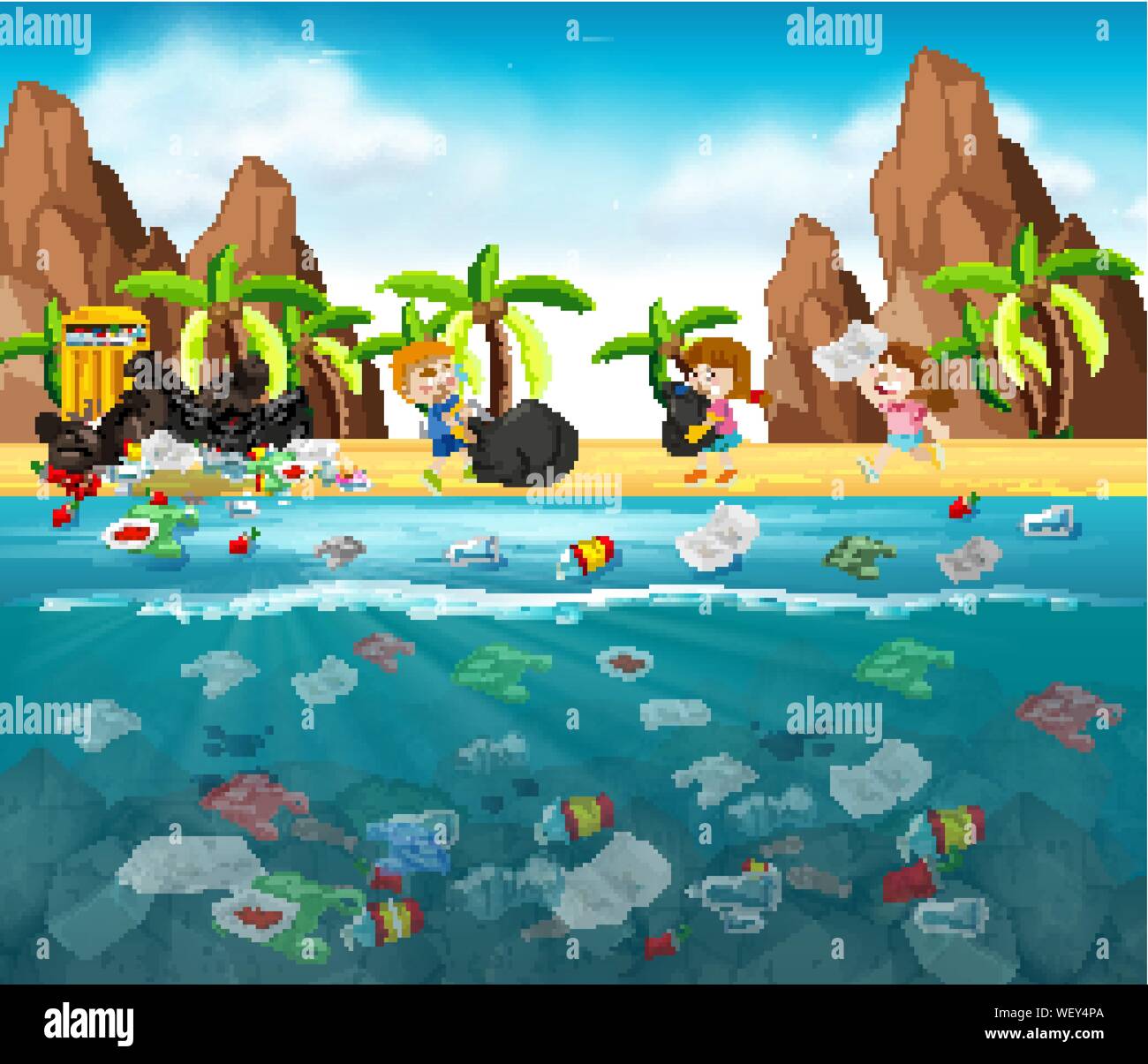Water pollution with plastic bags in ocean illustration Stock ...