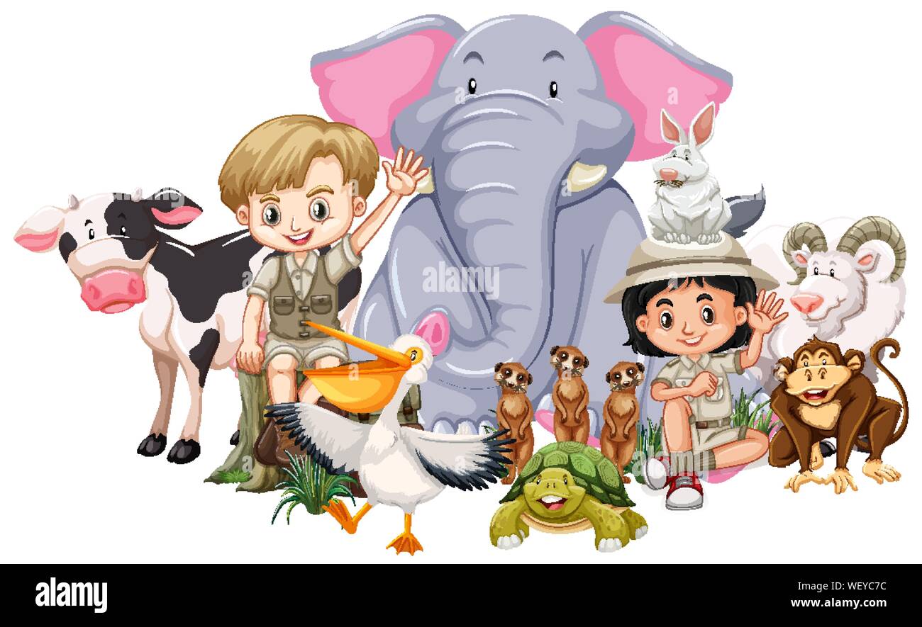 Children and wild animals on white background illustration Stock Vector