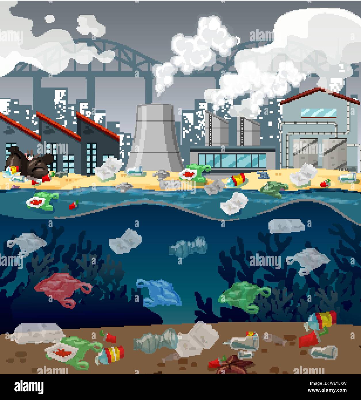 Water pollution with plastic bags in river illustration Stock Vector ...